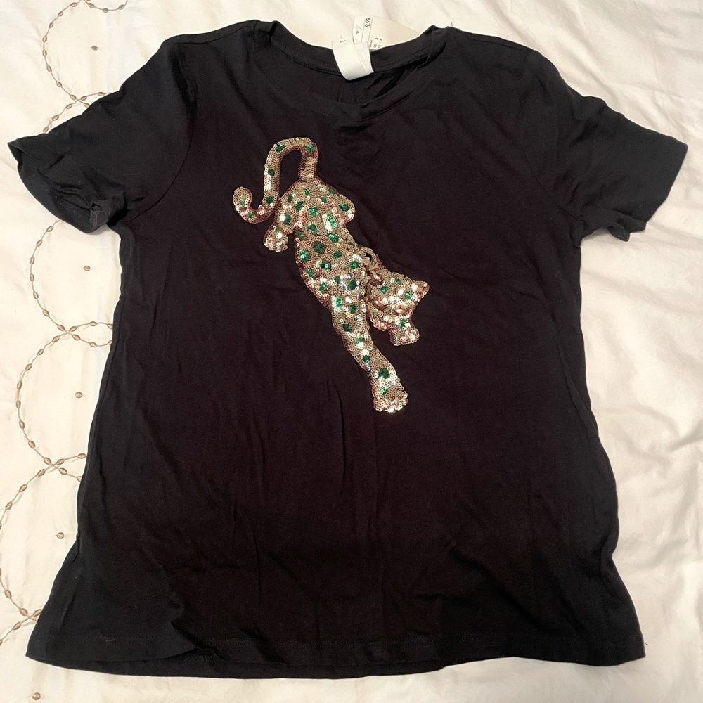 NWT H&M Gold Sequin Sequined Leopard Cat Short Sleeve Tee T Shirt Knit Top S